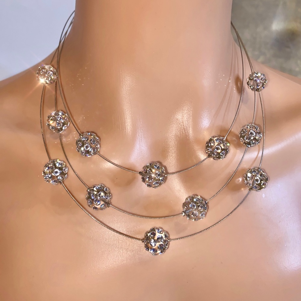 Floating Crystal Ball wire Necklace, Transparent Lucite, Genuine Crystals, new